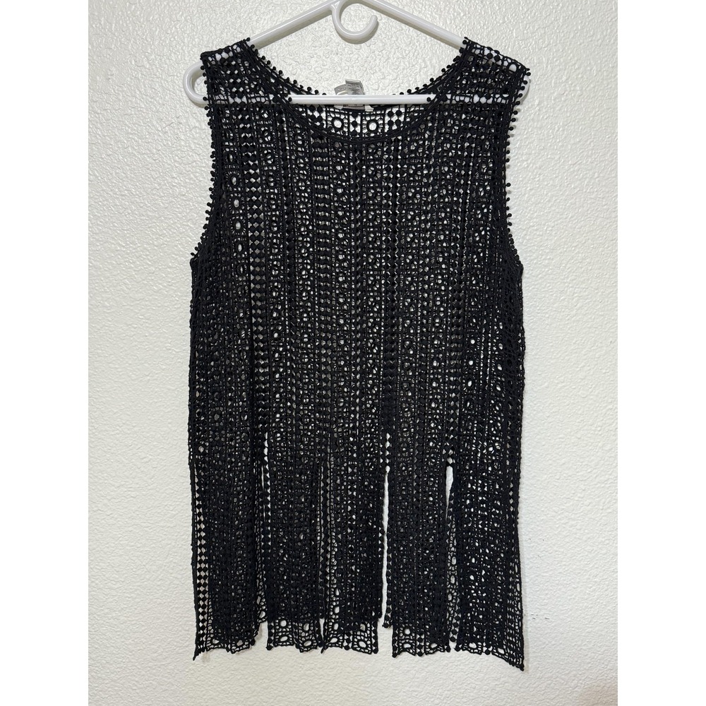 Crochet Tank Top Womens Large Black Sleeveless Sheer Lace Boho Tassels